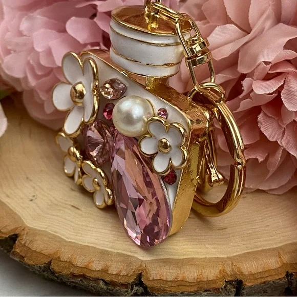 Pink Crystal Flower Perfume Bottle Keychain Charm - Picture 7 of 16